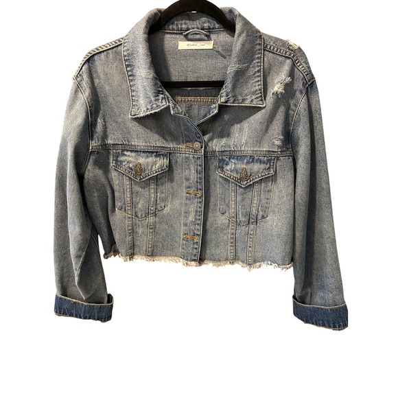 Mustard Seed Jackets & Blazers - Mustard Seed Womens Cropped Distressed Denim Jacket Light Wash Blue Size M